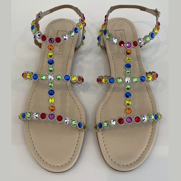 AQUAZZURA BEIGE TEQUILA CRYSTAL RAINBOW SANDALS SIZE IT 38 / US 8 NEW IN BOX! - Picture 2 of 16